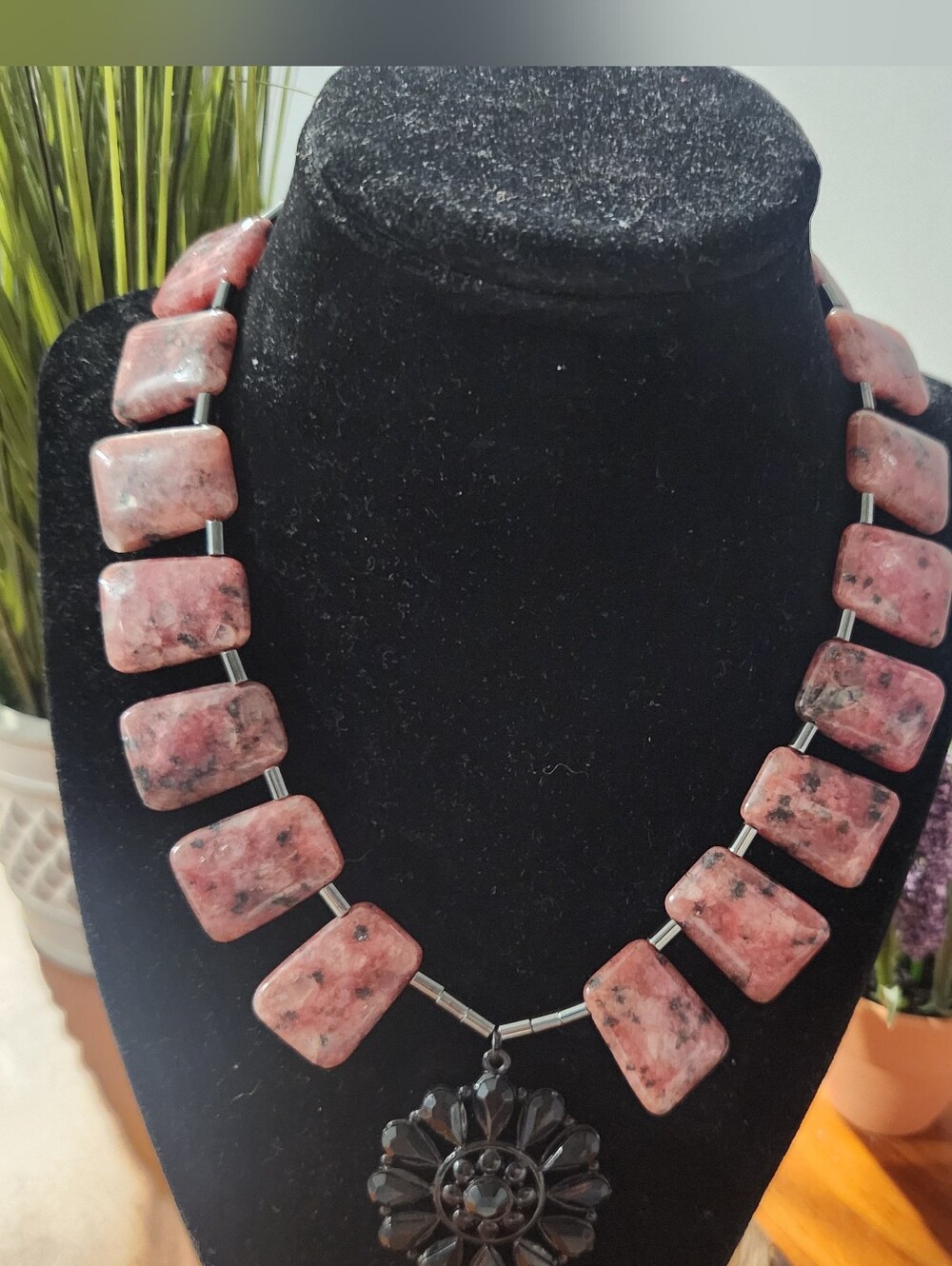 Rhodonite Necklace With Floral Pendant.